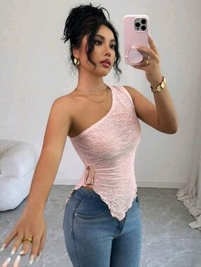 Elenzya Textured Fabric, Asymmetric Hem, Oblique Shoulder, Side Metal Decor Top